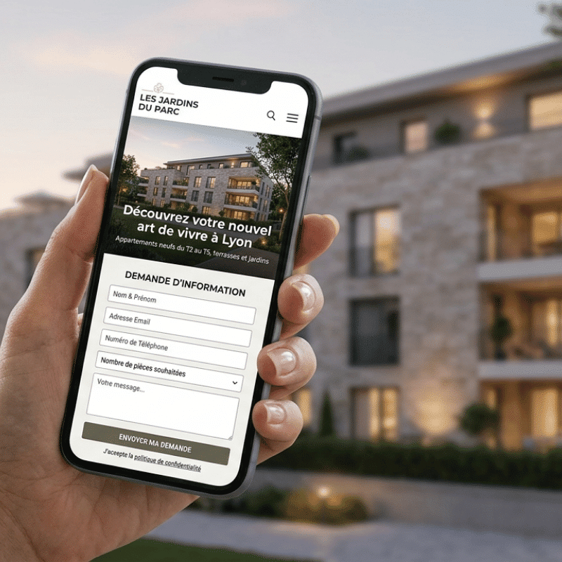 génération de leads qualifiés immobilier - landing page programme neuf sur écran mobile